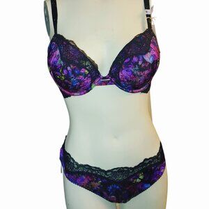 Victorias Secret Panty Bra 38B Push Up Butterfly Moody Floral Lace Brazilian
